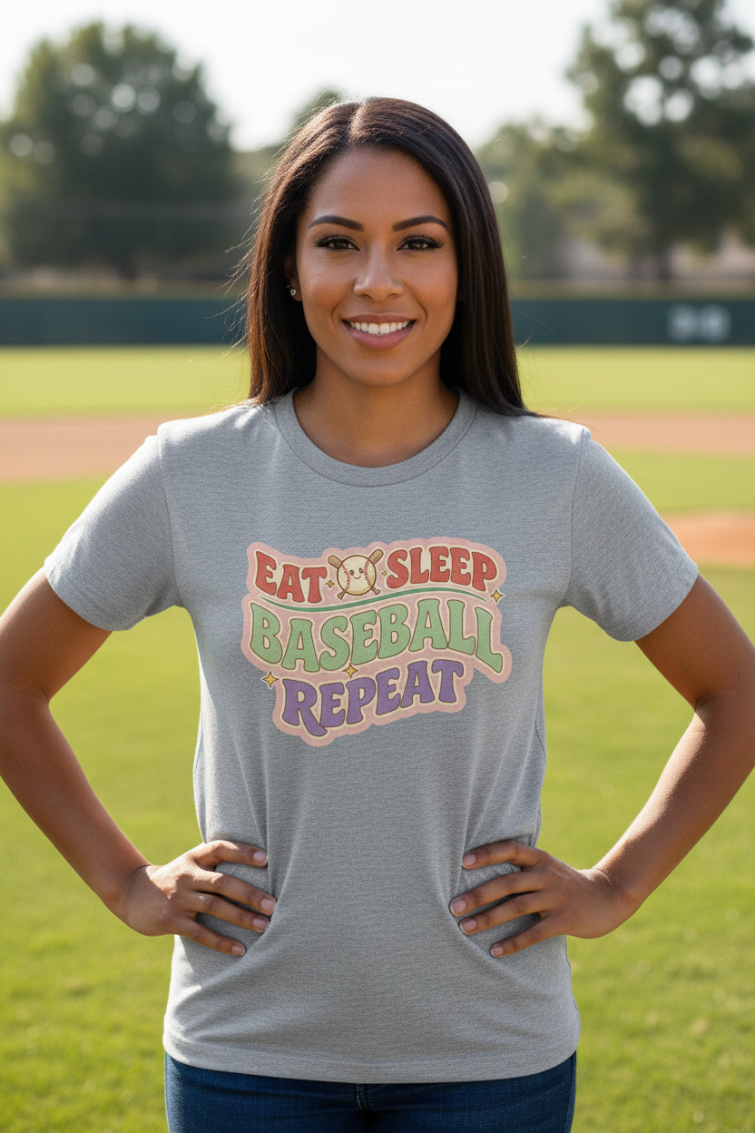 Eat Sleep Baseball Repeat – Colorful Fun Sports Lifestyle T-Shirt for Ladies ATHLETIC HEATHER - FRONT