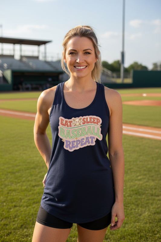 Eat Sleep Baseball Repeat – Colorful Fun Sports Lifestyle Tank Top for Ladies Black - FRONT