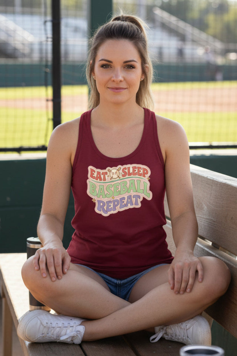 Eat Sleep Baseball Repeat – Colorful Fun Sports Lifestyle Tank Top for Ladies Scarlet - FRONT