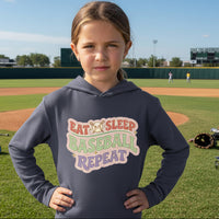 Eat Sleep Baseball Repeat Cute Ball Icon Sports Fan Style Hoodie for Girls True Navy - FRONT