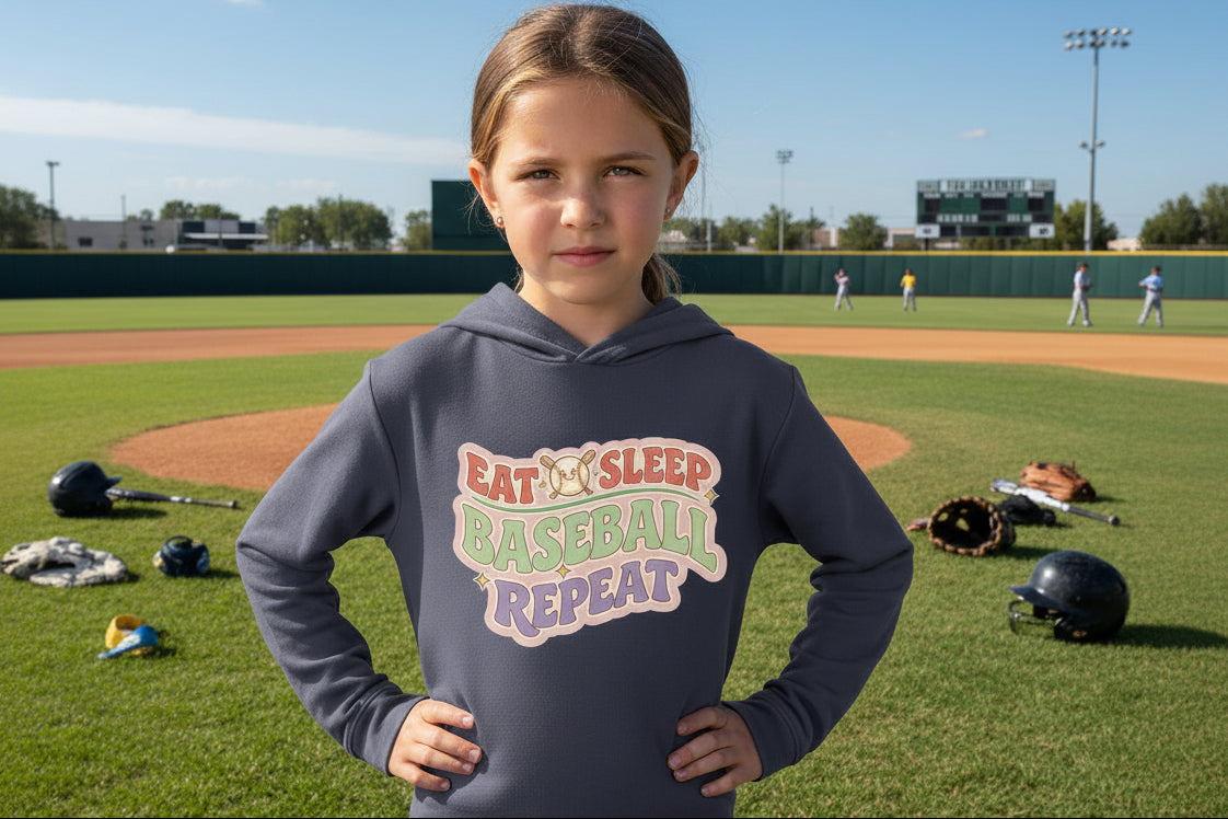 Eat Sleep Baseball Repeat Cute Ball Icon Sports Fan Style Hoodie for Girls True Navy - FRONT