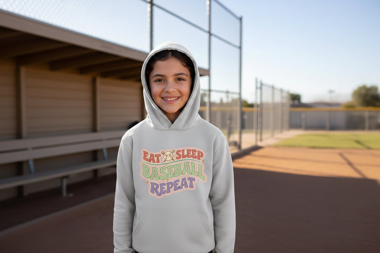 Eat Sleep Baseball Repeat Cute Ball Icon Sports Fan Style Hoodie for Girls Silver - FRONT