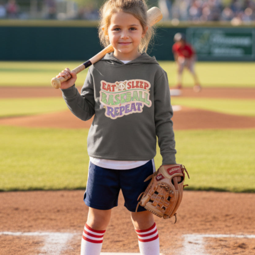 Eat Sleep Baseball Repeat Cute Ball Icon Sports Fan Style Hoodie for Girls Iron Grey - FRONT