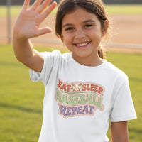 Eat Sleep Baseball Repeat Cute Ball Icon Sports Fan Style T-Shirt for Girls WHITE - FRONT