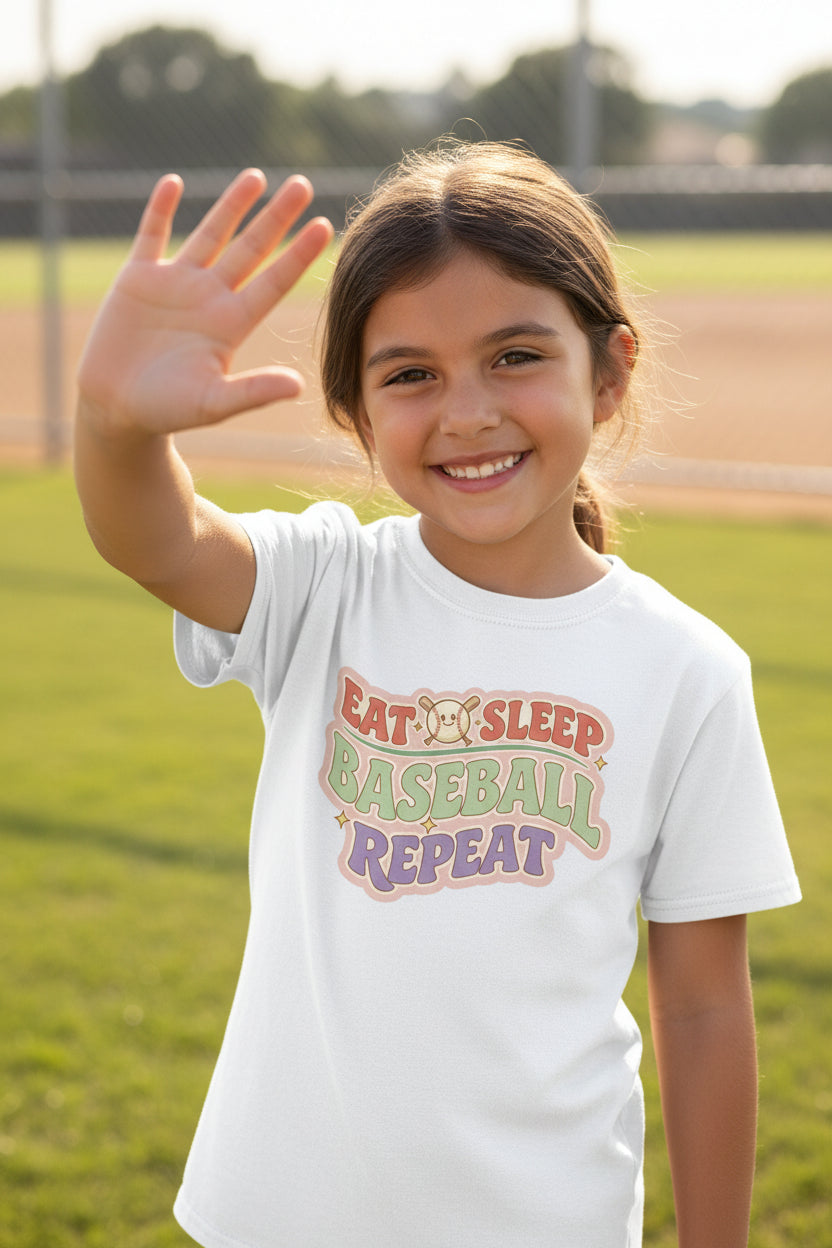 Eat Sleep Baseball Repeat Cute Ball Icon Sports Fan Style T-Shirt for Girls WHITE - FRONT