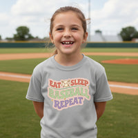 Eat Sleep Baseball Repeat Cute Ball Icon Sports Fan Style T-Shirt for Girls Sport Grey - FRONT