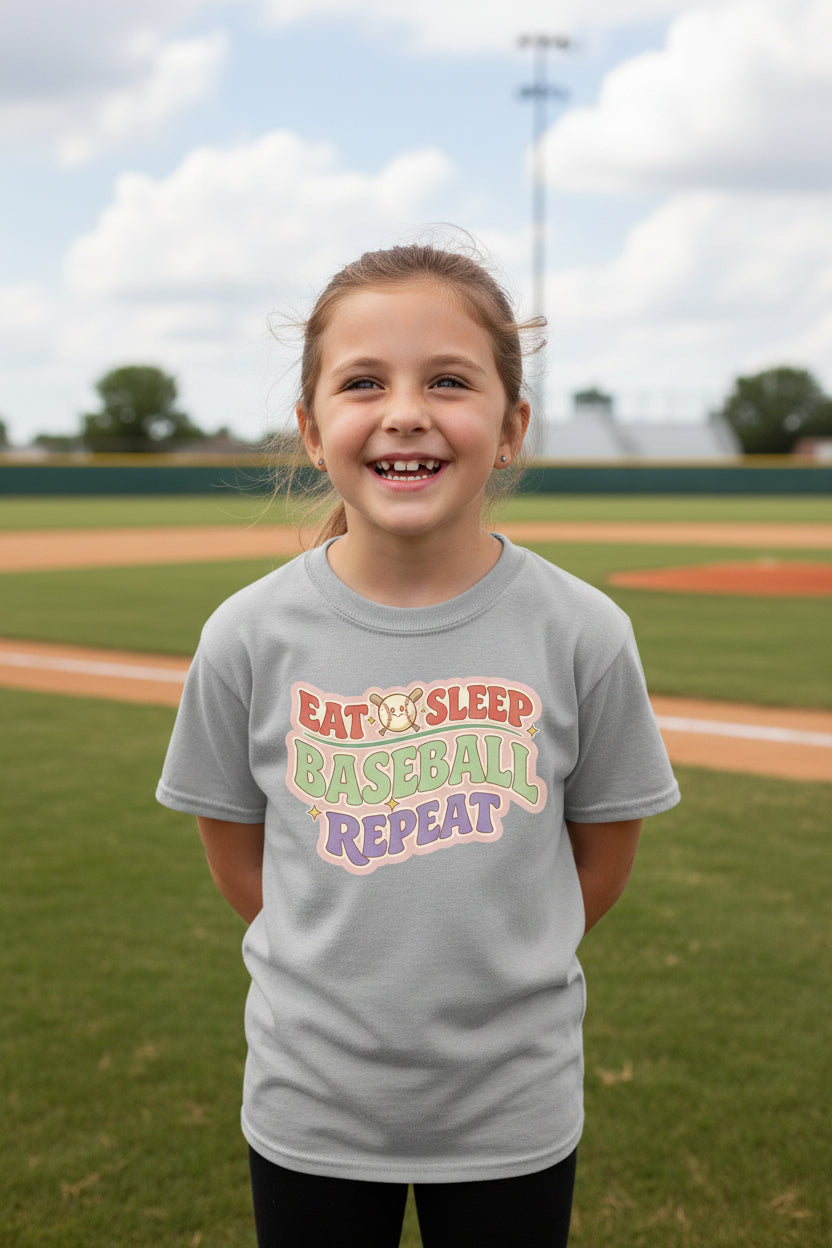 Eat Sleep Baseball Repeat Cute Ball Icon Sports Fan Style T-Shirt for Girls Sport Grey - FRONT