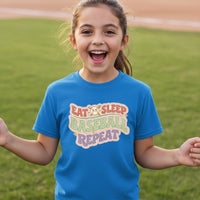 Eat Sleep Baseball Repeat Cute Ball Icon Sports Fan Style T-Shirt for Girls Royal - FRONT