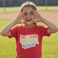 Eat Sleep Baseball Repeat Cute Ball Icon Sports Fan Style T-Shirt for Girls Red - FRONT