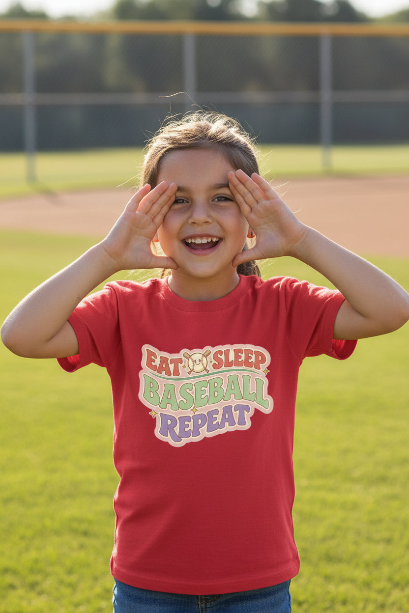 Eat Sleep Baseball Repeat Cute Ball Icon Sports Fan Style T-Shirt for Girls Red - FRONT