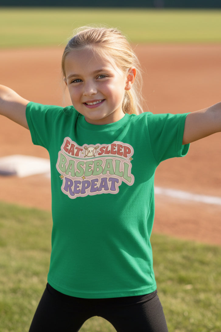 Eat Sleep Baseball Repeat Cute Ball Icon Sports Fan Style T-Shirt for Girls Irish Green - FRONT