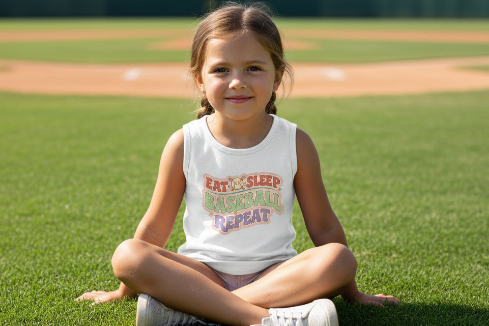 Eat Sleep Baseball Repeat Cute Ball Icon Sports Fan Style Tank Top for Girls Solid White Triblend - FRONT