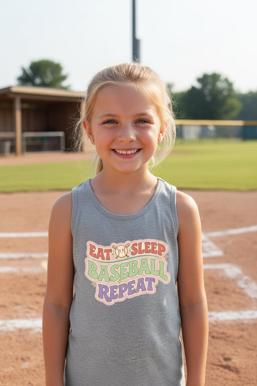 Eat Sleep Baseball Repeat Cute Ball Icon Sports Fan Style Tank Top for Girls ATHLETIC HEATHER - FRONT