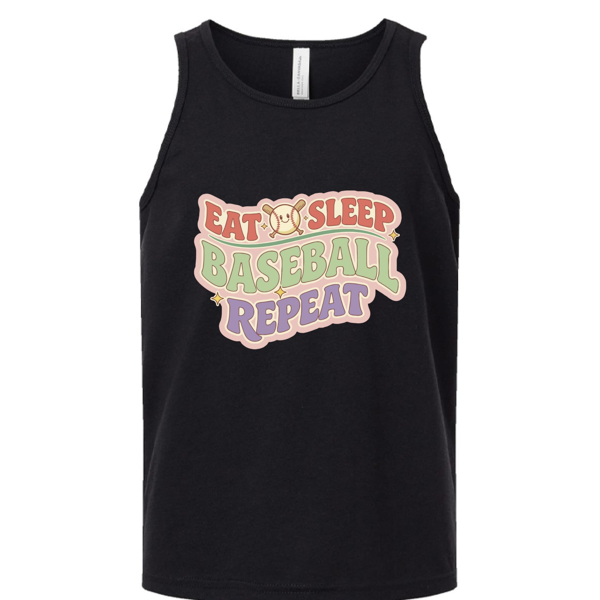 Eat Sleep Baseball Repeat Cute Ball Icon Sports Fan Style Tank Top for Girls Solid Black Triblend - FRONT