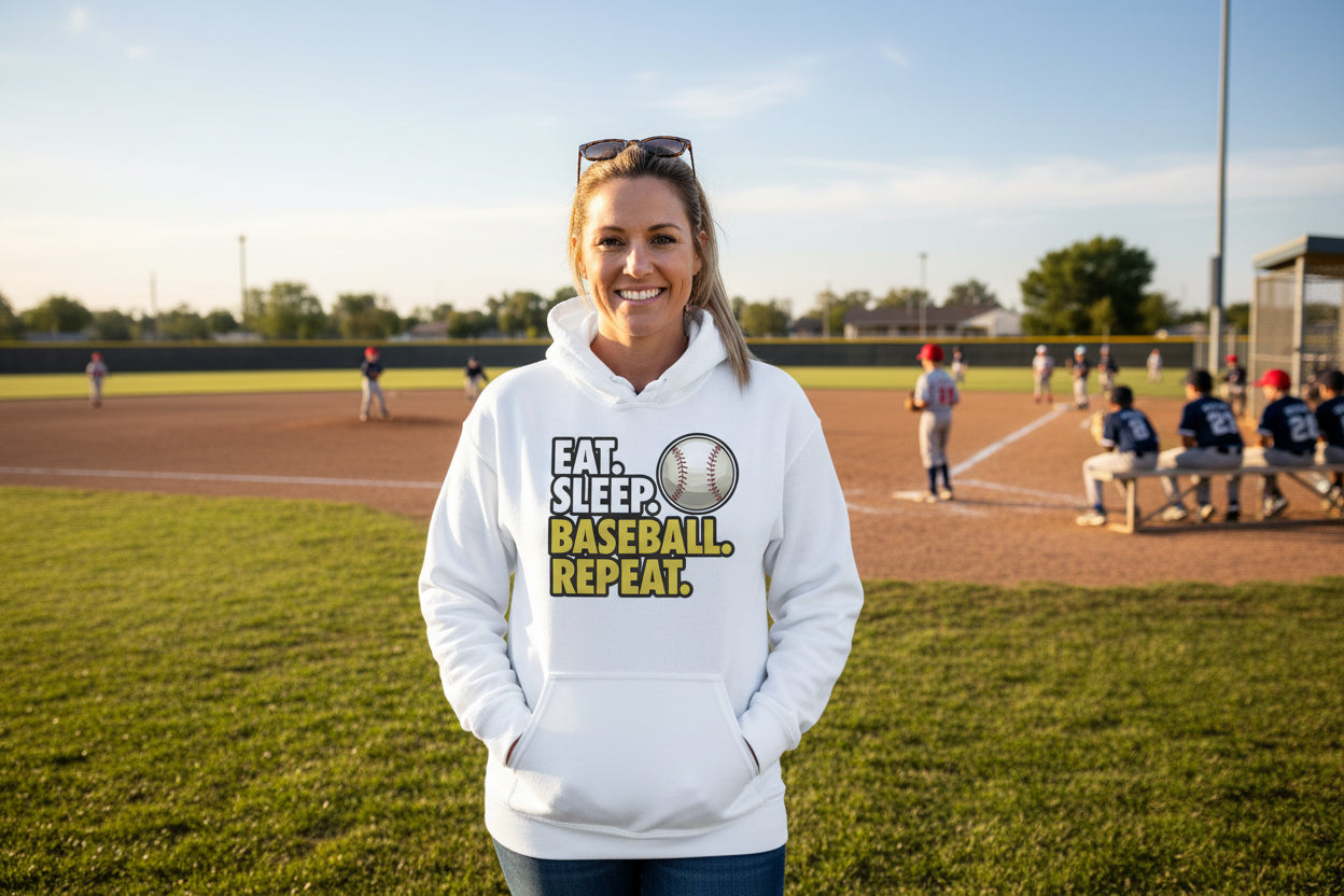 Eat Sleep Baseball Repeat Hoodie for Ladies- Athlete Lifestyle WHITE - FRONT