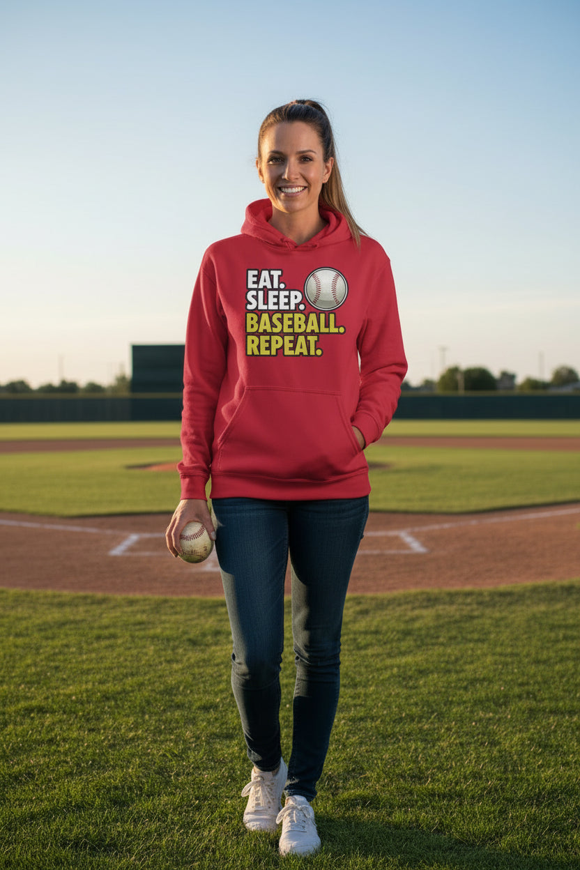 Eat Sleep Baseball Repeat Hoodie for Ladies- Athlete Lifestyle RED - FRONT