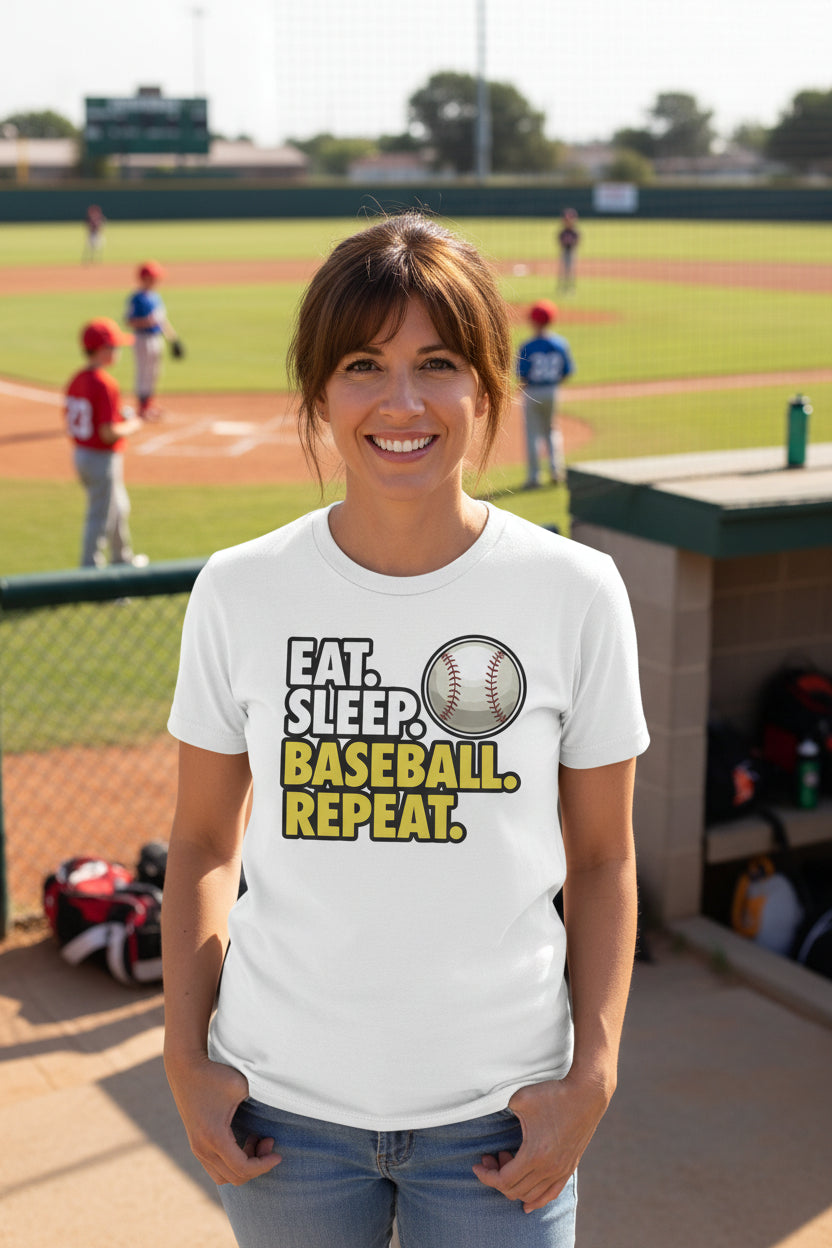 Eat Sleep Baseball Repeat T-Shirt for Ladies- Athlete Lifestyle WHITE - FRONT