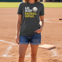Eat Sleep Baseball Repeat T-Shirt for Ladies- Athlete Lifestyle DRK GREY HEATHER - FRONT