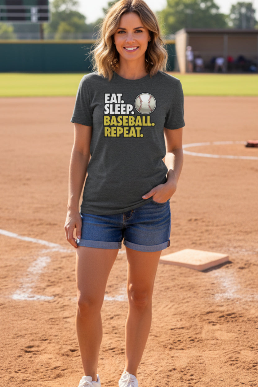 Eat Sleep Baseball Repeat T-Shirt for Ladies- Athlete Lifestyle DRK GREY HEATHER - FRONT