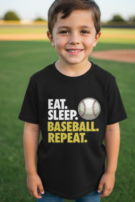 Eat Sleep Baseball Repeat Youth Funny Sports Motivation T-Shirt for Kids Athletes Black - G640B - FRONT