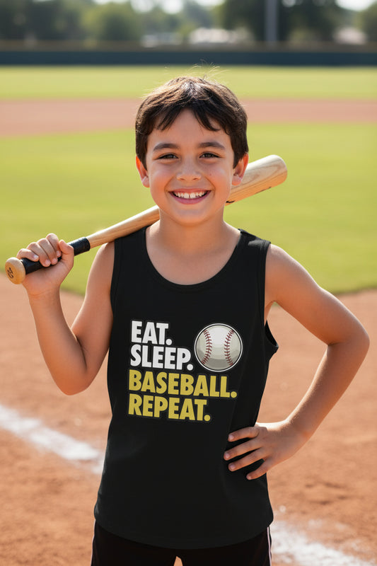 Eat Sleep Baseball Repeat Youth Funny Sports Motivation Tank Top for Kids Athletes Solid Black Triblend - 3480YCV - FRONT