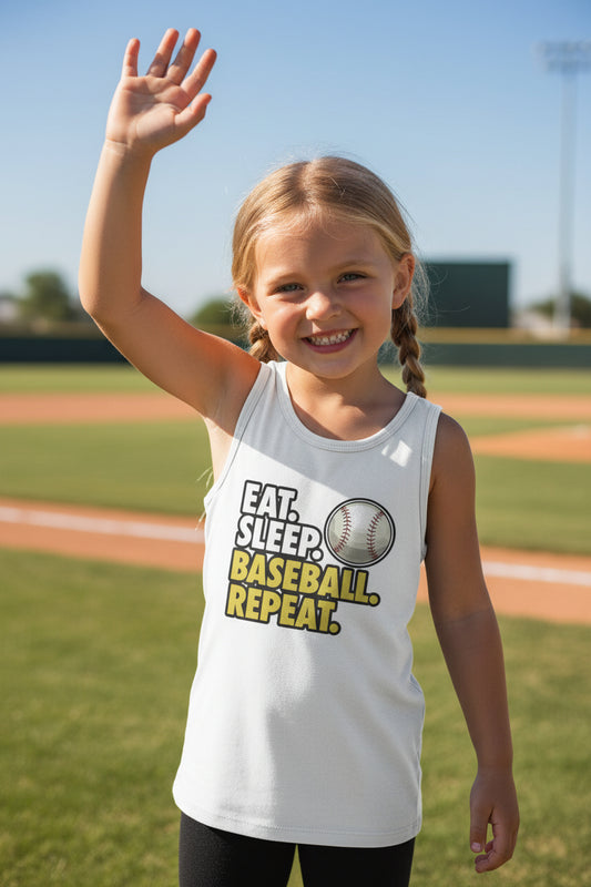 Eat Sleep Baseball Repeat Youth Funny Sports Motivation Tank Top for Kids Athletes Solid White Triblend - 3480YCV - FRONT