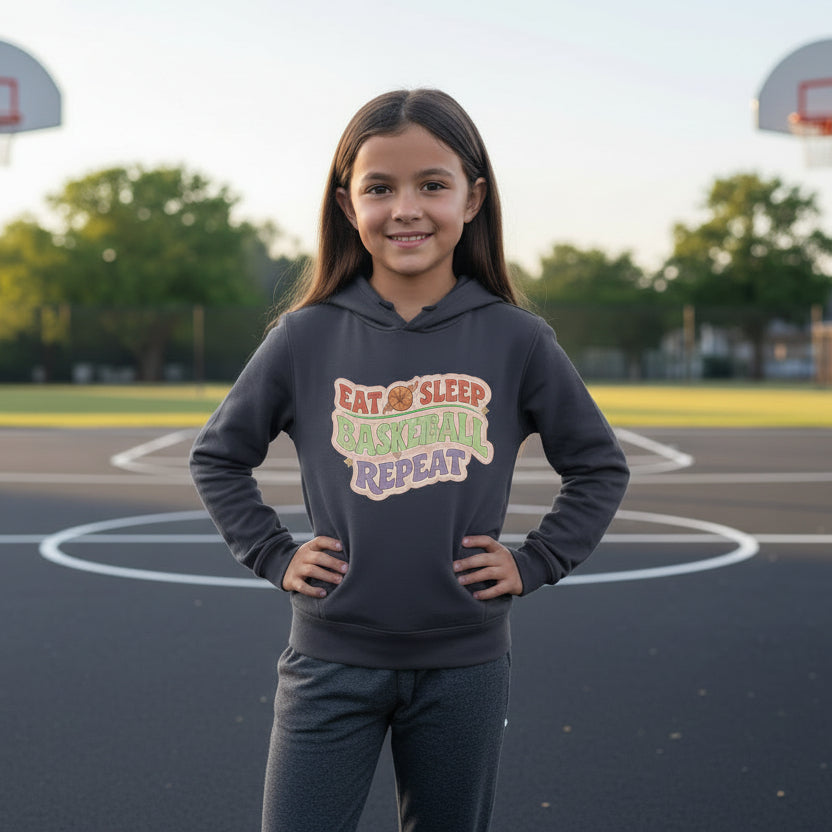Eat Sleep Basketball Repeat Cute Ball Icon Sports Fan Style Hoodie for Girls True Navy - FRONT