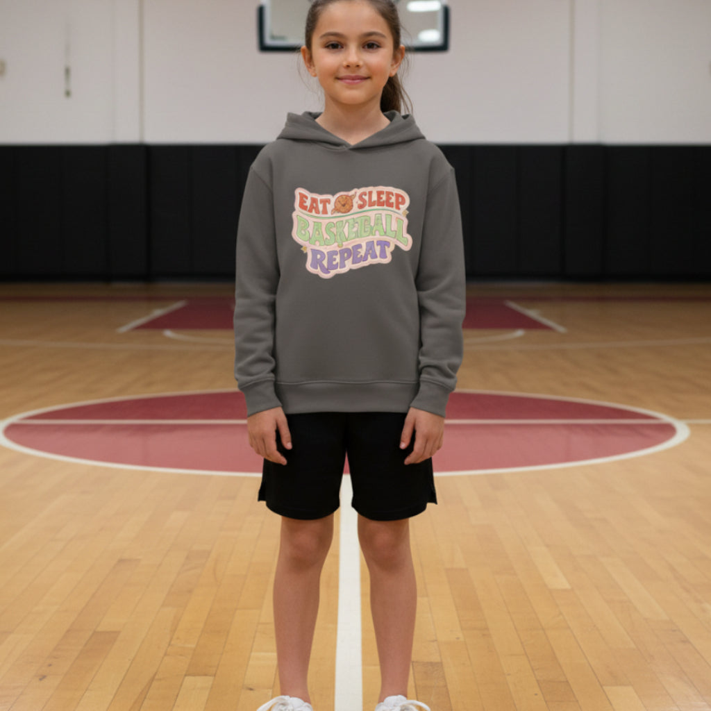 Eat Sleep Basketball Repeat Cute Ball Icon Sports Fan Style Hoodie for Girls Iron Grey - FRONT