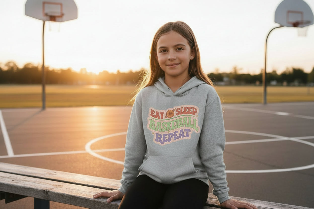 Eat Sleep Basketball Repeat Cute Ball Icon Sports Fan Style Hoodie for Girls SILVER- FRONT