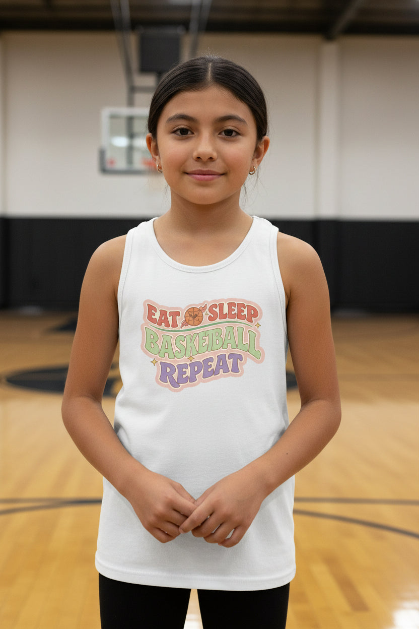 Eat Sleep Basketball Repeat Cute Ball Icon Sports Fan Style Tank Top for Girls Solid White Triblend - FRONT