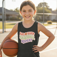 Eat Sleep Basketball Repeat Cute Ball Icon Sports Fan Style Tank Top for Girls DARK GREY HEATHER - FRONT