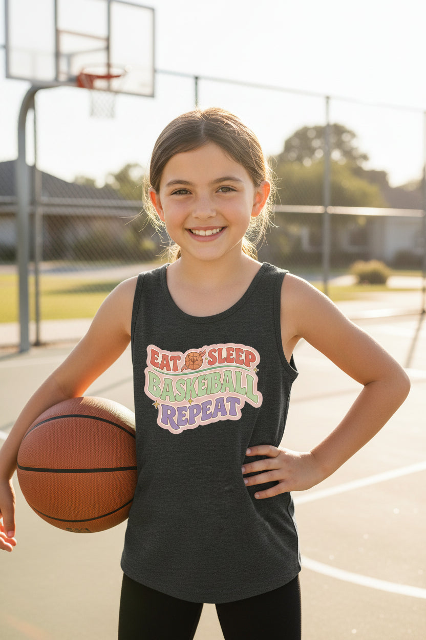 Eat Sleep Basketball Repeat Cute Ball Icon Sports Fan Style Tank Top for Girls DARK GREY HEATHER - FRONT