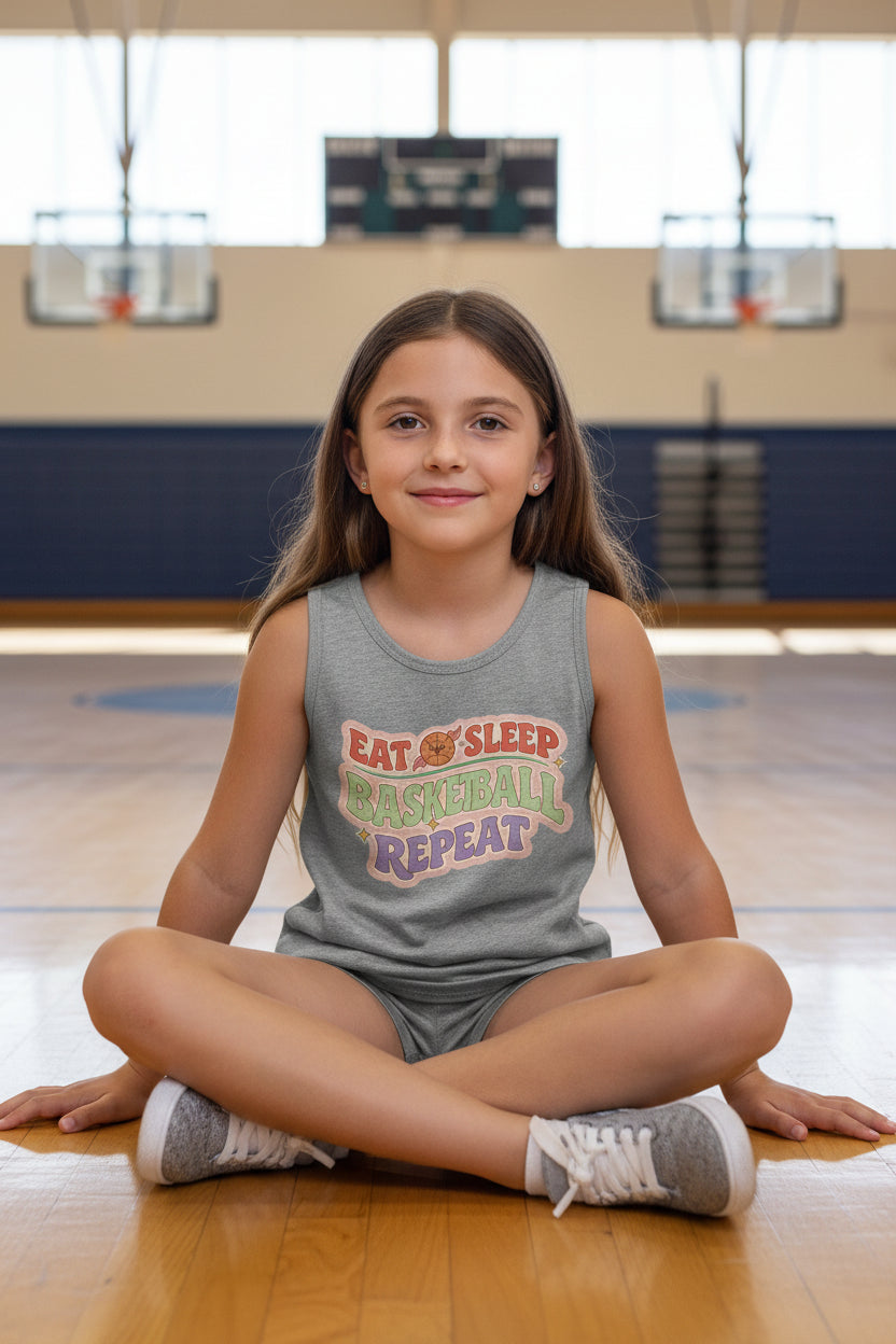 Eat Sleep Basketball Repeat Cute Ball Icon Sports Fan Style Tank Top for Girls ATHLETIC HEATHER - FRONT