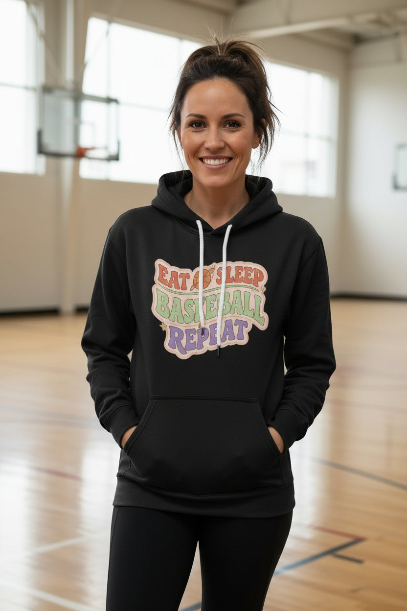Eat Sleep Basketball Repeat Hoodie for Women – Colorful Fun Sports Lifestyle BLACK - FRONT