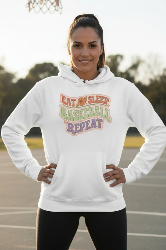 Eat Sleep Basketball Repeat Hoodie for Women – Colorful Fun Sports Lifestyle WHITE - FRONT