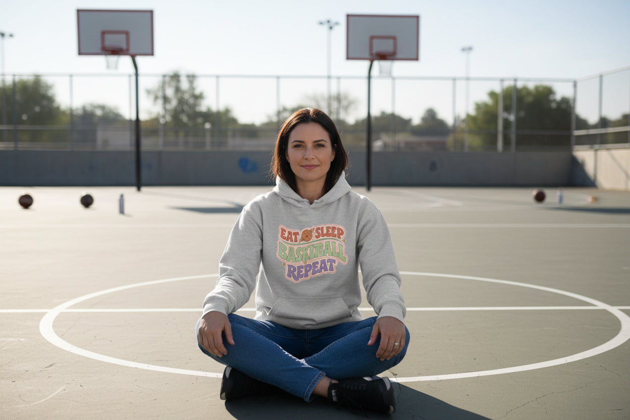 Eat Sleep Basketball Repeat Hoodie for Women – Colorful Fun Sports Lifestyle SPORT GREY - FRONT
