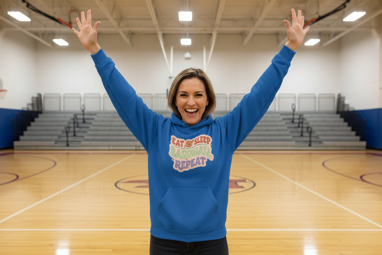 Eat Sleep Basketball Repeat Hoodie for Women – Colorful Fun Sports Lifestyle Royal - FRONT