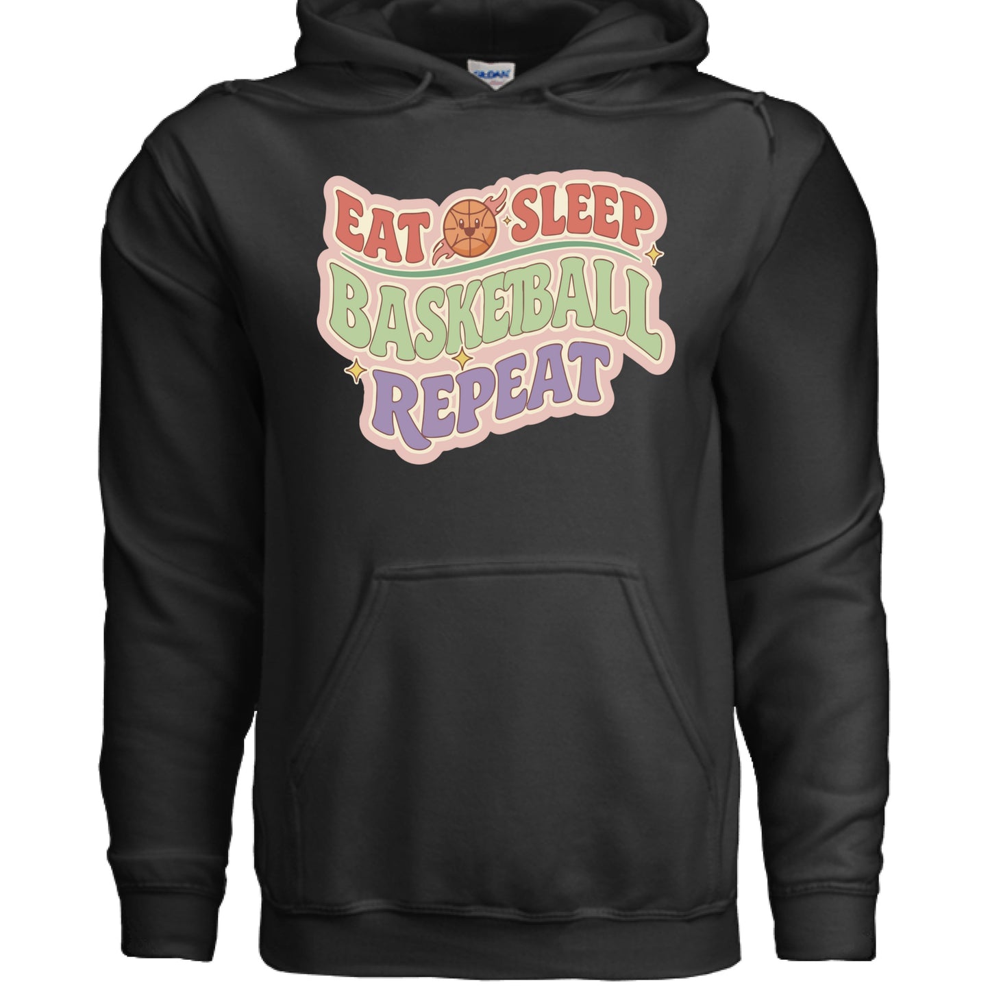 Eat Sleep Basketball Repeat Hoodie for Women – Colorful Fun Sports Lifestyle BLACK - FRONT