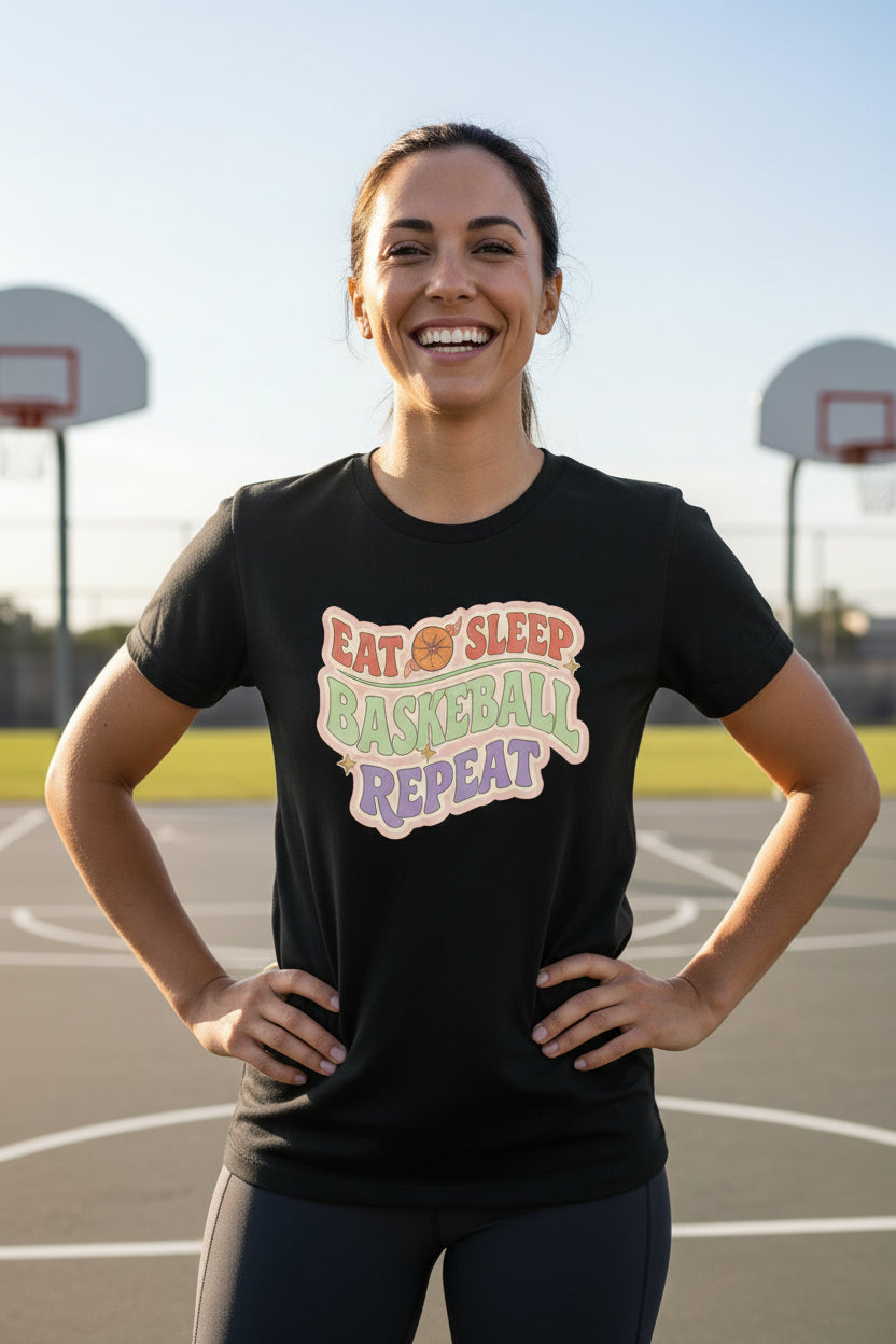 Eat Sleep Basketball Repeat T-Shirt for Women – Colorful Fun Sports Lifestyle BLACK - FRONT