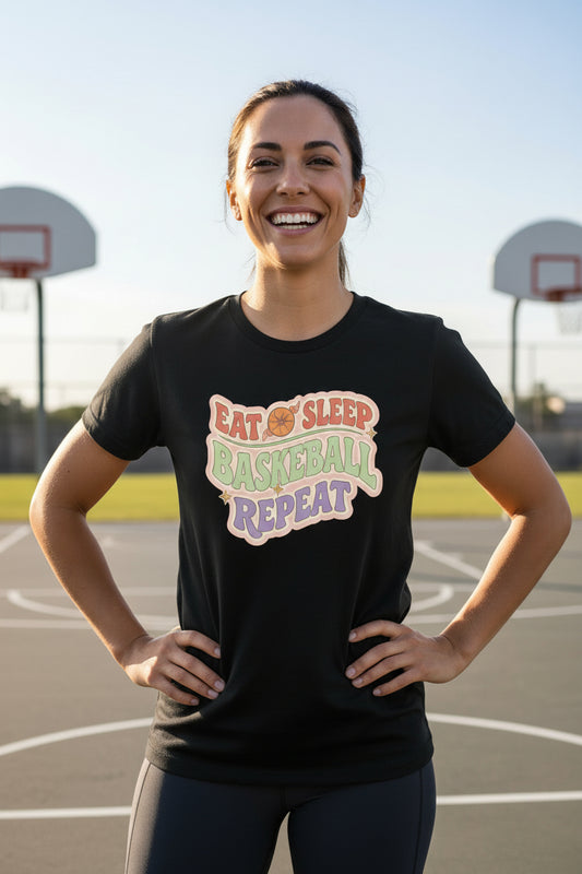 Eat Sleep Basketball Repeat T-Shirt for Women – Colorful Fun Sports Lifestyle BLACK - FRONT