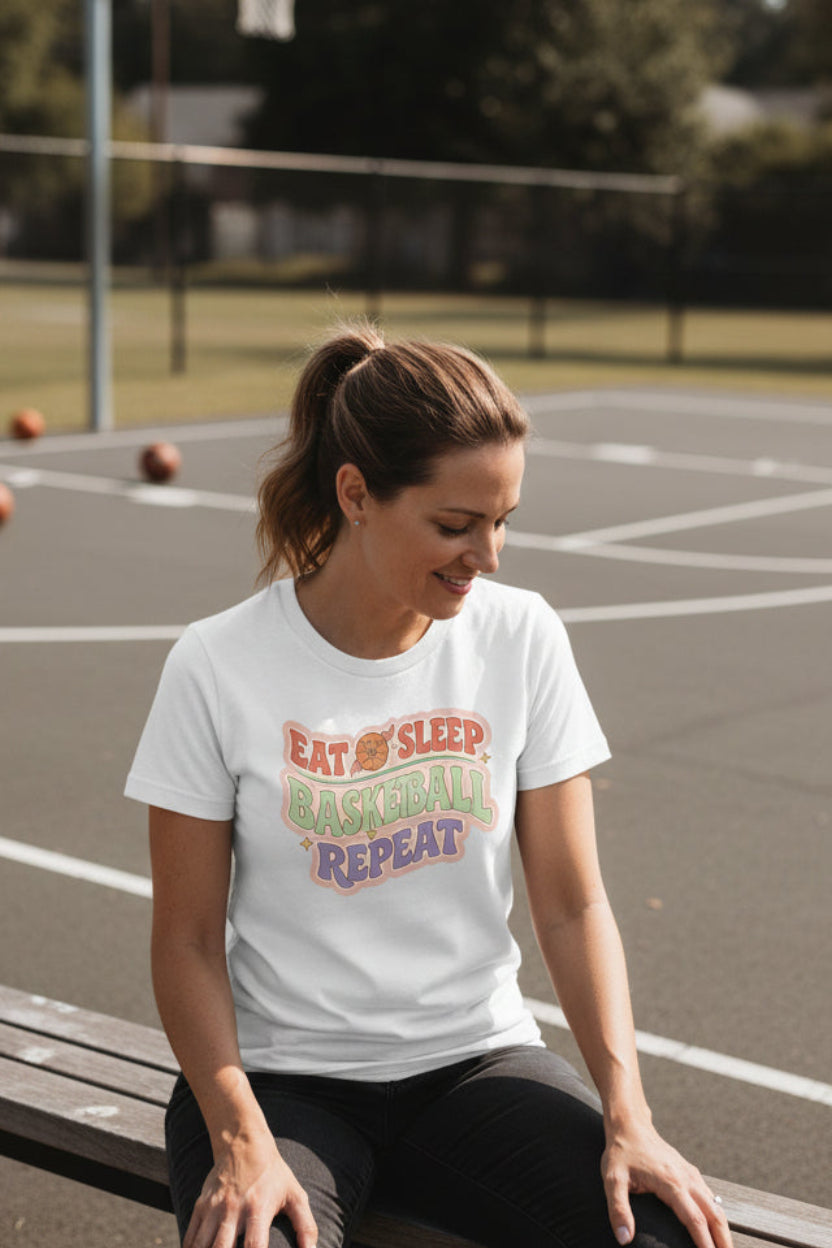 Eat Sleep Basketball Repeat T-Shirt for Women – Colorful Fun Sports Lifestyle WHITE - FRONT
