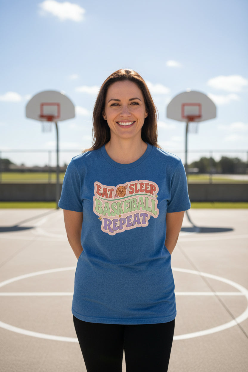 Eat Sleep Basketball Repeat T-Shirt for Women – Colorful Fun Sports Lifestyle HTHR TRUE ROYAL - FRONT
