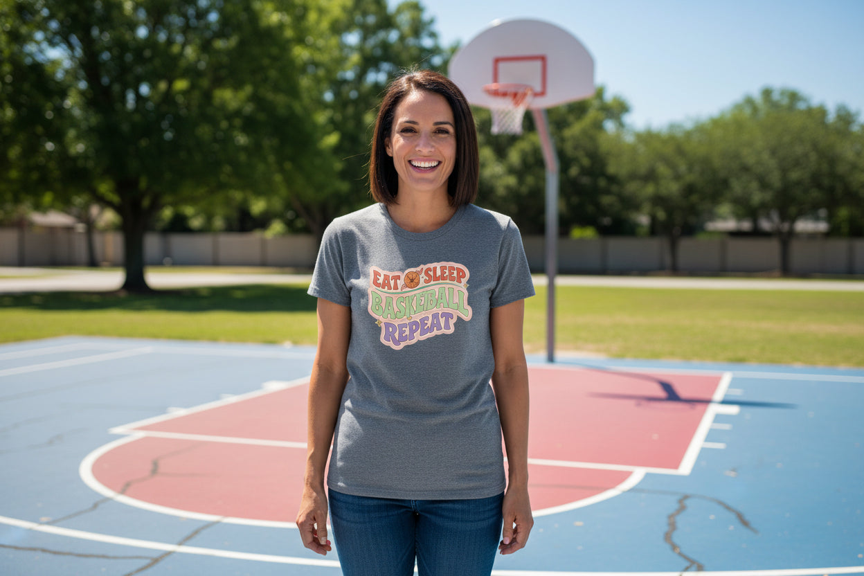 Eat Sleep Basketball Repeat T-Shirt for Women – Colorful Fun Sports Lifestyle DEEP HEATHER - FRONT