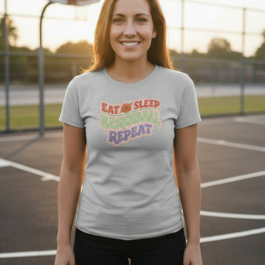 Eat Sleep Basketball Repeat T-Shirt for Women – Colorful Fun Sports Lifestyle ATHLETIC HEATHER - FRONT