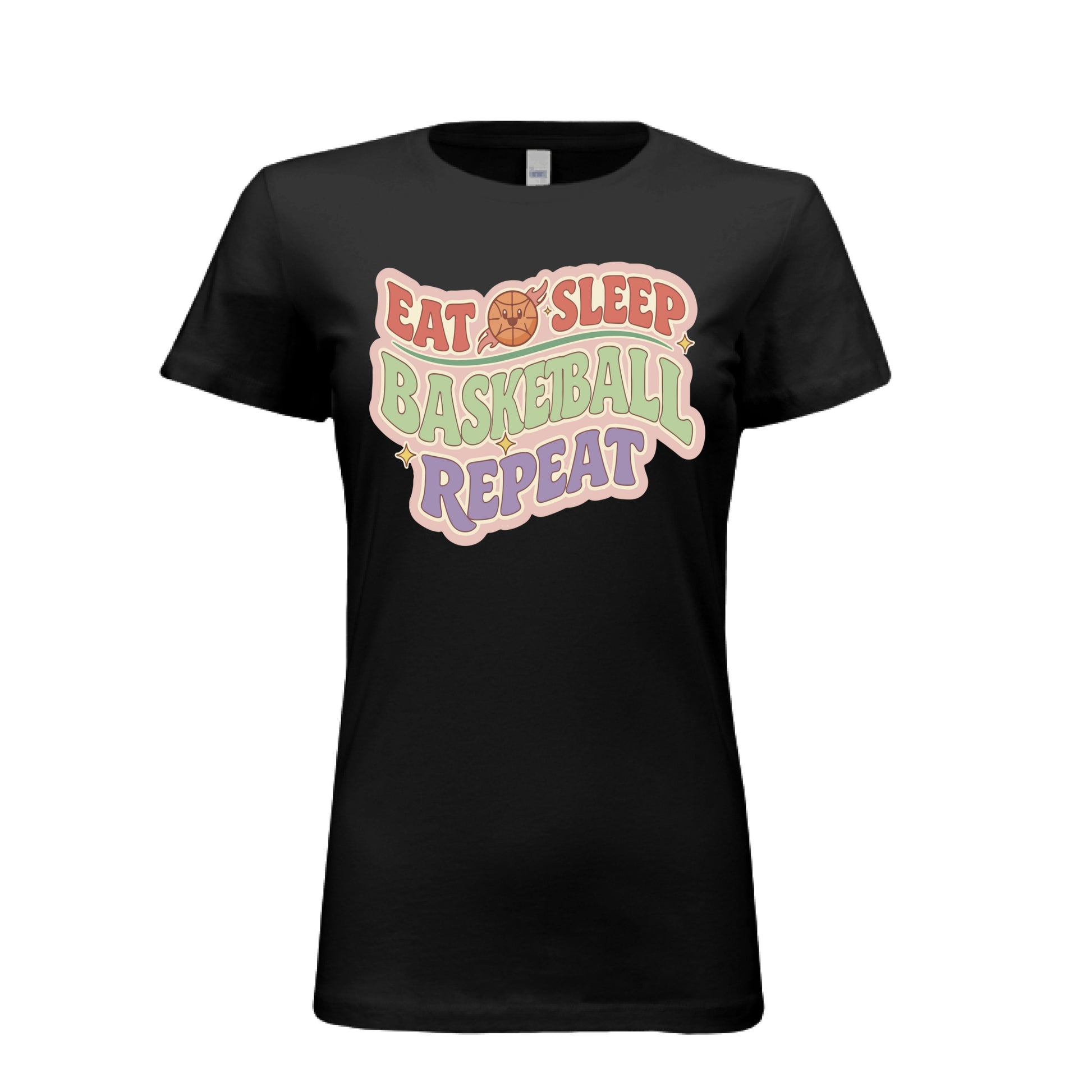 Eat Sleep Basketball Repeat T-Shirt for Women – Colorful Fun Sports Lifestyle BLACK - FRONT