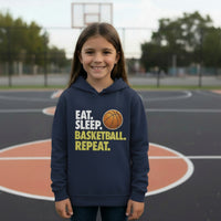 Eat Sleep Basketball Repeat Youth Funny Sports Motivation Hoodie for Kids Athletes True Navy - YST358 - FRONT