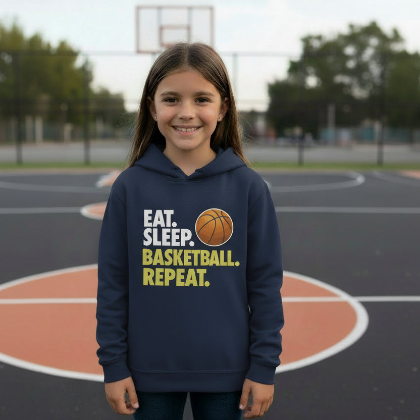 Eat Sleep Basketball Repeat Youth Funny Sports Motivation Hoodie for Kids Athletes True Navy - YST358 - FRONT
