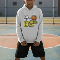 Eat Sleep Basketball Repeat Youth Funny Sports Motivation Hoodie for Kids Athletes Silver - YST358 - FRONT