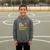 Eat Sleep Basketball Repeat Youth Funny Sports Motivation Hoodie for Kids Athletes Iron Grey - YST358 - FRONT