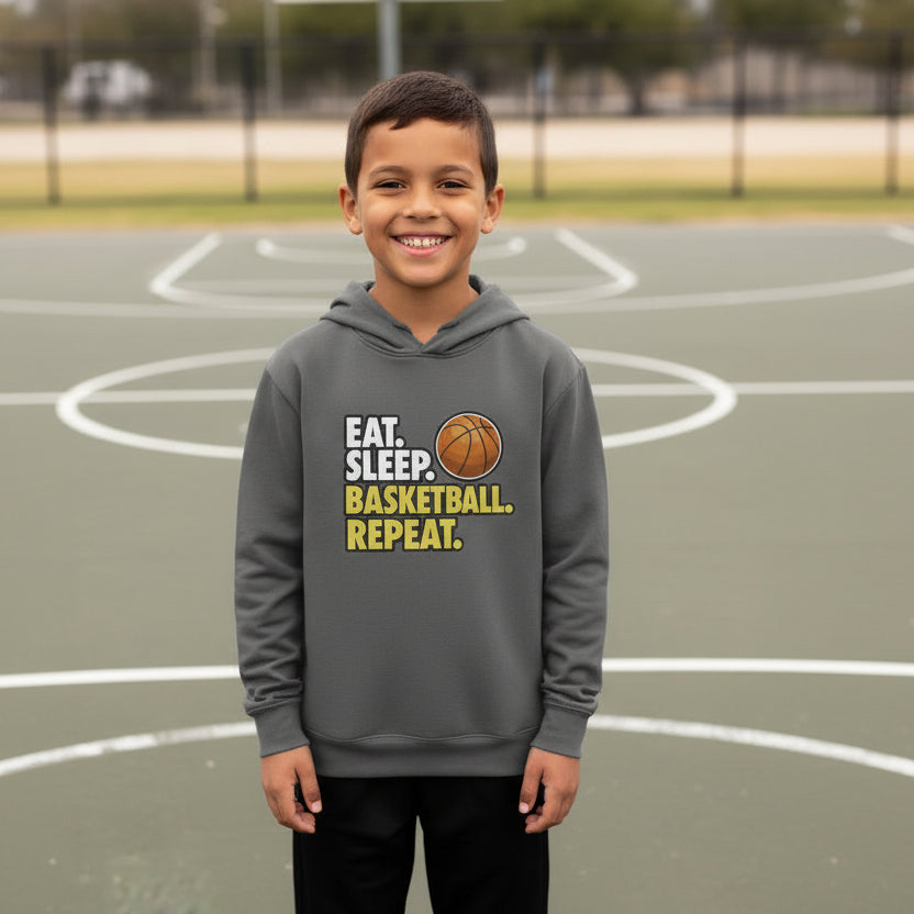 Eat Sleep Basketball Repeat Youth Funny Sports Motivation Hoodie for Kids Athletes Iron Grey - YST358 - FRONT